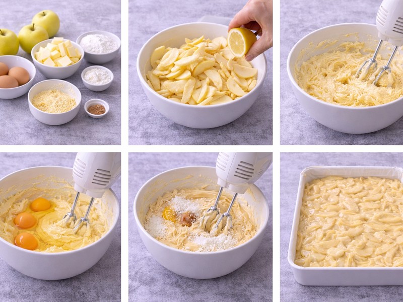 Zubereitung von Apfelkuchen: Zutaten mischen, Äpfel hinzufügen und Teig in die Form geben.