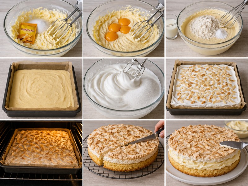 Schritt-für-Schritt-Zubereitung eines Kuchens: Zutaten mischen, Biskuit backen, Creme herstellen, Mandeln hinzufügen und den Kuchen zusammensetzen.