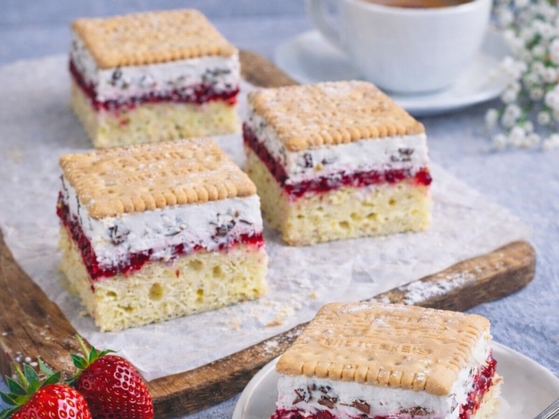 Himbeer-Kuchen mit Sahne und Keksen – einfach und super lecker