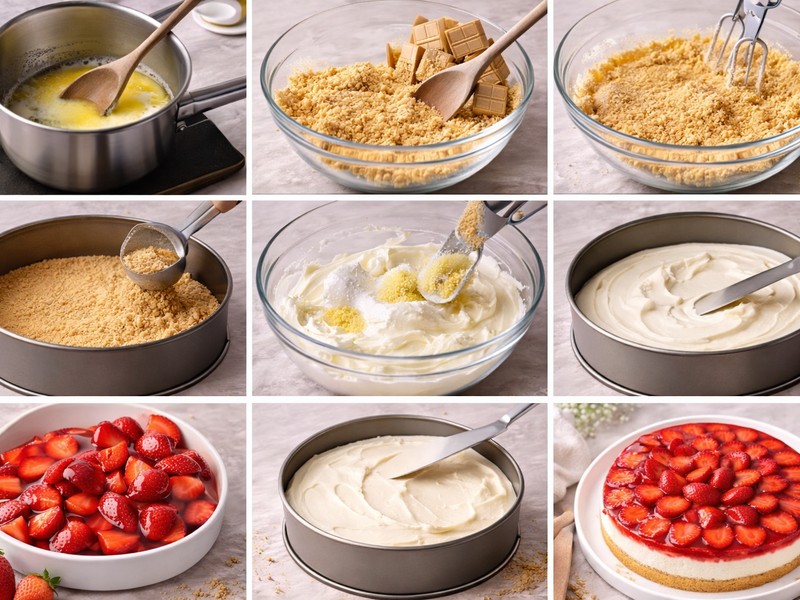 Schritt-für-Schritt-Zubereitung eines Erdbeerkuchens: Streusel herstellen, Creme zubereiten, schichten und mit Erdbeeren belegen.