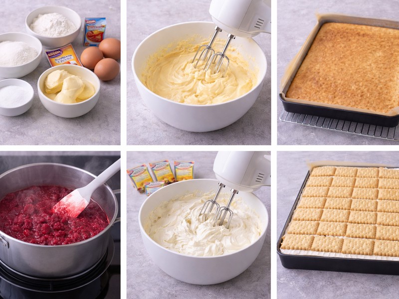 Zubereitung eines Beeren-Desserts: Creme mischen, Kekse und Beeren schichten.