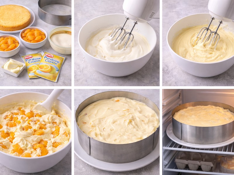 Zubereitung einer Mandarinen-Torte ohne Backen mit Creme, Mandarinen und Biskuitboden Schritt für Schritt