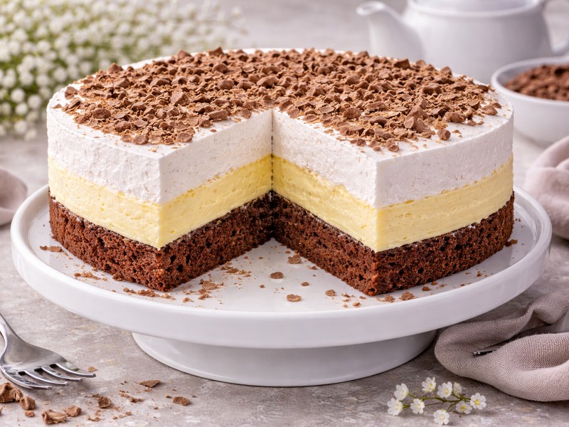 Schokoladenkuchen mit Vanillecreme und Baiser – einfach & himmlisch