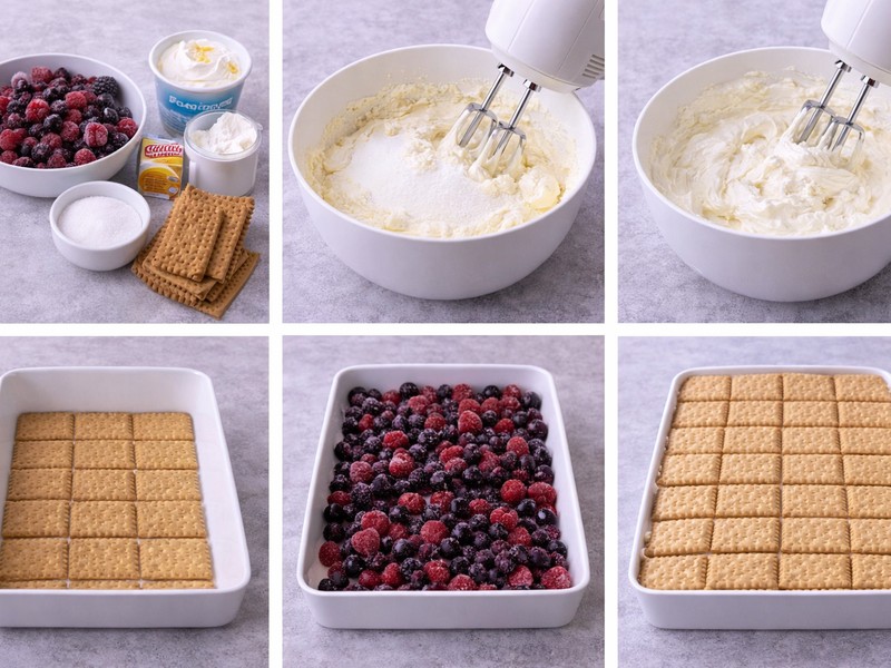 Zubereitung eines Beeren-Desserts: Creme mischen, Kekse und Beeren schichten.